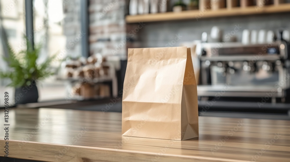Brown paper bag showcasing takeaway food in a modern cafe setting Brown paper bag showcasing takeaway food in a modern cafe setting