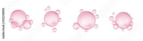 Pink transparent bubble set. Glossy pink collagen serum drops. Hydrating skincare essence with vitamin infused liquid. Realistic cosmetic vector PNG