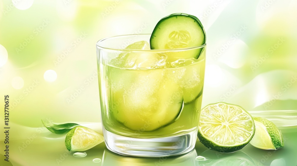 Fototapeta premium Refreshing cucumber lime cocktail served in glass garnished with cucumber slices and lime wedges on a soft green background