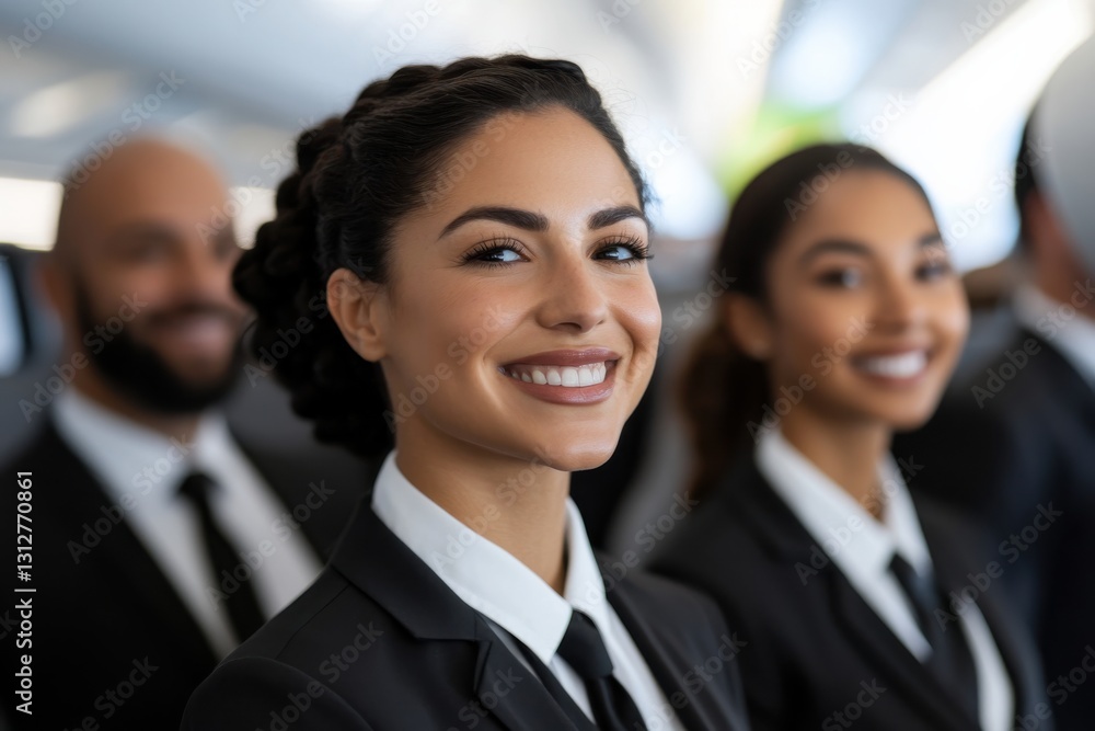 A radiant close-up of airline crew members depicts joy and professionalism while they interact with passengers, fostering a sense of trust and warmth in air travel.