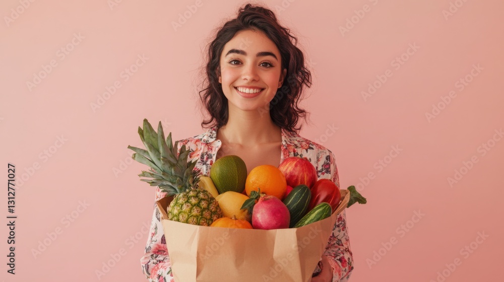 Smiling woman holds a basket of fresh fruits in front of a pastel pink background Smiling woman holds a basket of fresh fruits in front of a pastel pink background