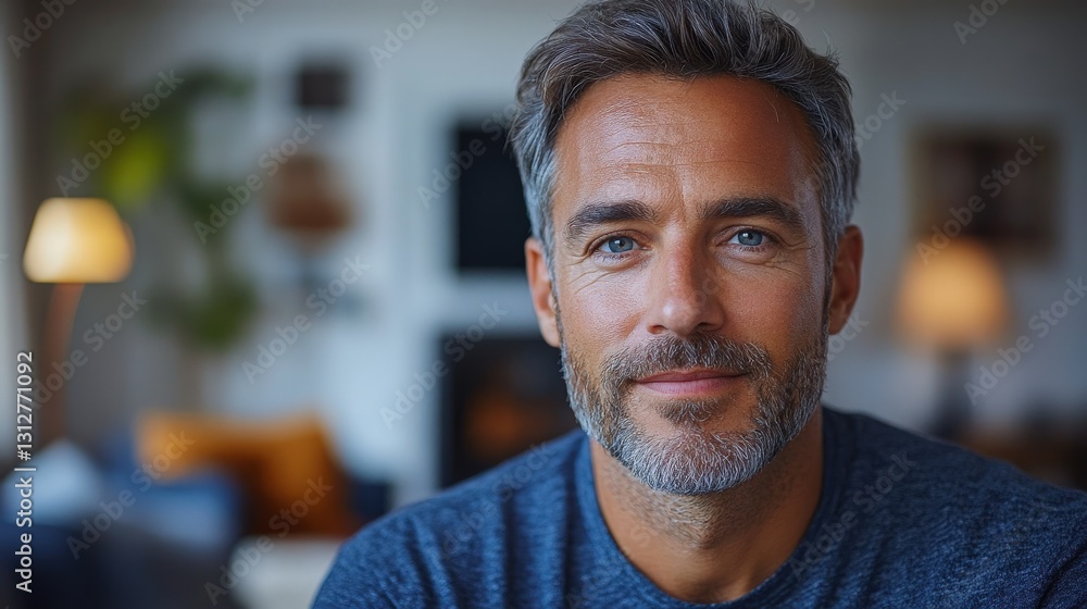 Obraz premium Portrait of a smiling man in a cozy living room with warm lighting and soft furnishings
