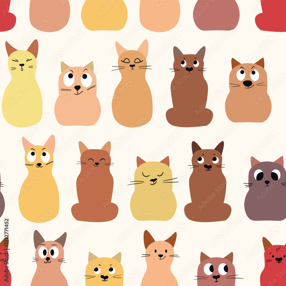 Seamless pattern with cute kitten print. Different scandy cats on color background. Scandinavian style illustration for kids. Vector illustration for fabric, textile, wallpaper, home clothing, pajama. Seamless pattern with cute kitten print. Different scandy cats on color background. Scandinavian style illustration for kids. Vector illustration for fabric, textile, wallpaper, home clothing, pajama.