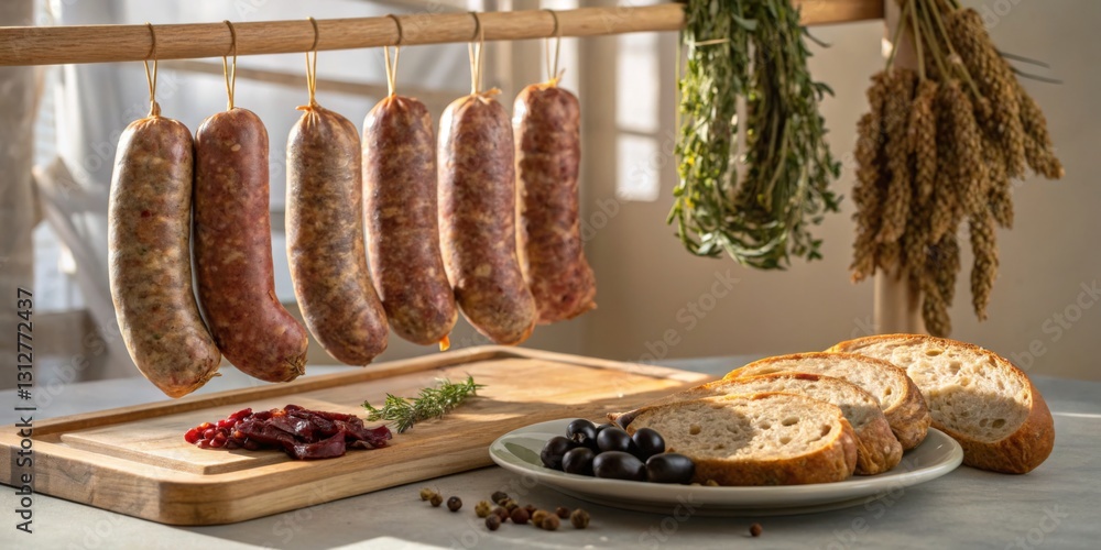 Curing sausages create a rustic culinary display in a sunlit kitchen with herbs and bread