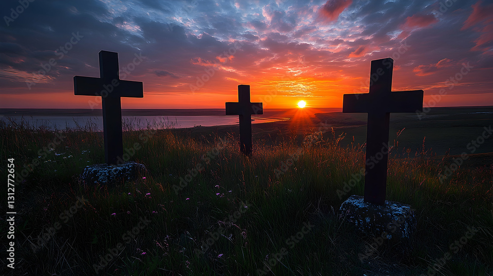 Sunset crosses on a hillside overlooking a lake Sunset crosses on a hillside overlooking a lake