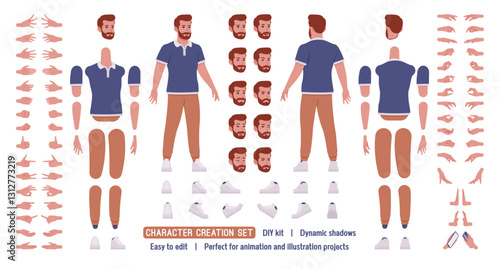 Man, bearded handsome guy in casual sporty wear DIY character creation set. Stylish sportswear, active fit body figure parts. Head, leg, hand gestures, emotions, construction kit. Vector illustration