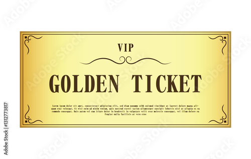 Golden vector ticket. Premium gold ticket template in classic style for gala events, cinema, theater, concert.  photo