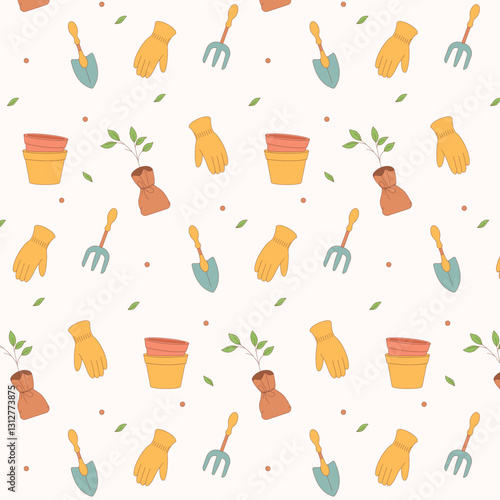 Seamless pattern with gardening elements: shovels, rakes, gloves, pots, seedlings, and leaves. Perfect for packaging, fabrics, wallpapers, garden projects, and eco-design.