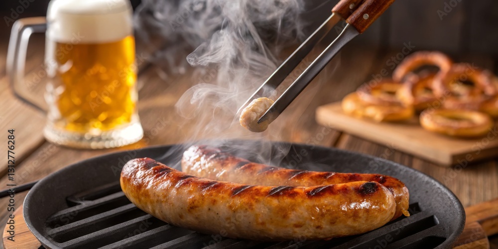 Grilled sausages and beer create a perfect barbecue moment in a rustic setting