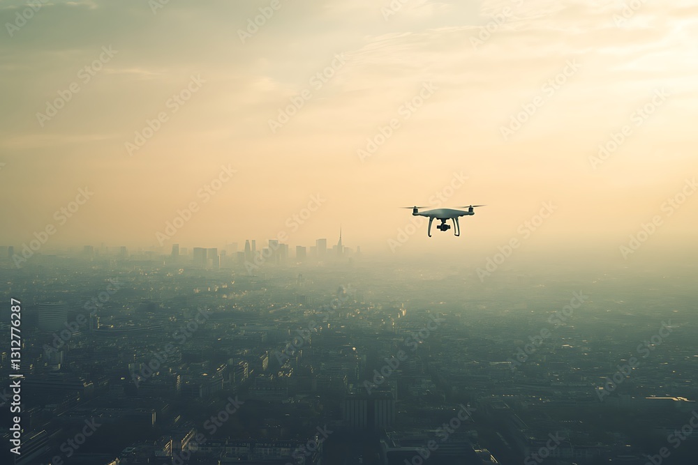 Fototapeta premium Drone above a hazy city at sunrise