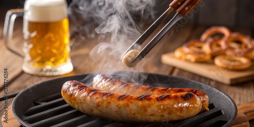 Obraz na płótnie Grilled sausages and beer create a perfect barbecue moment in a rustic setting w salonie