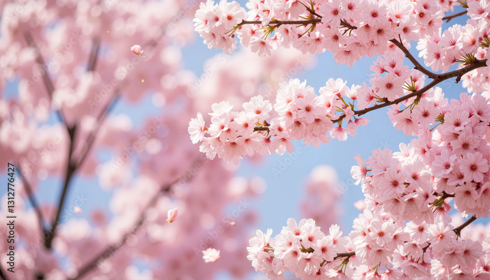 Obraz premium Cherry blossom petals drifting gently in spring breeze, nature's beauty