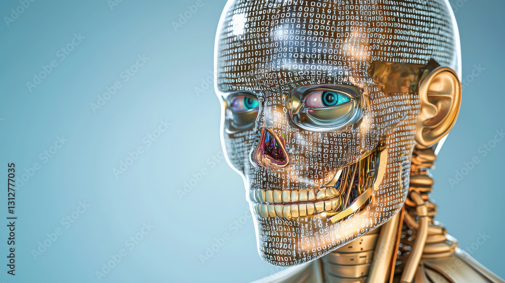 Obraz premium futuristic humanoid with transparent skull displays binary code, symbolizing advanced technology and artificial intelligence