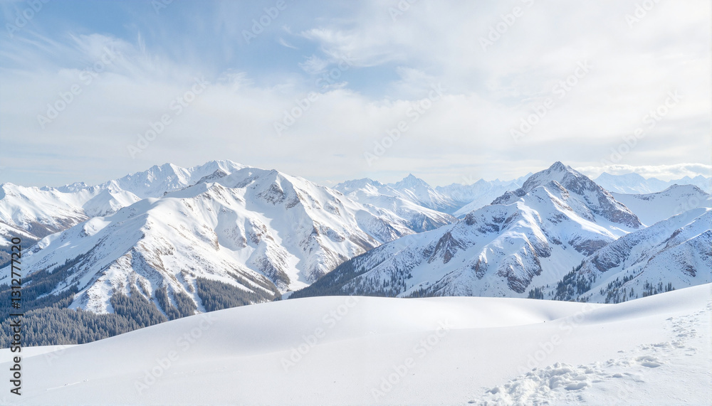 Serene winter landscape with frosty peaks and soft snow, natural beauty Serene winter landscape with frosty peaks and soft snow, natural beauty