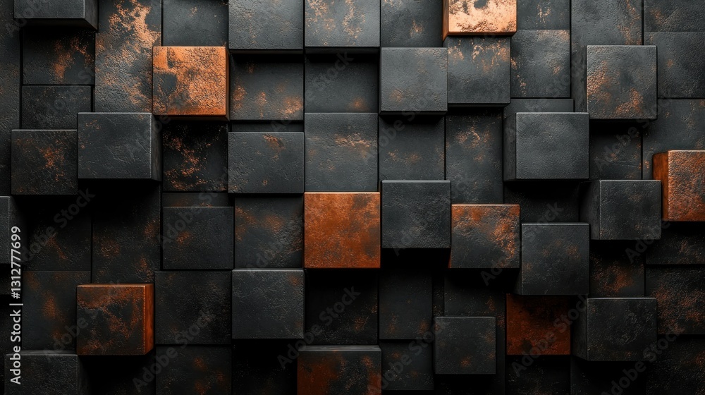 Dark bronze cubes texture, abstract background, industrial design