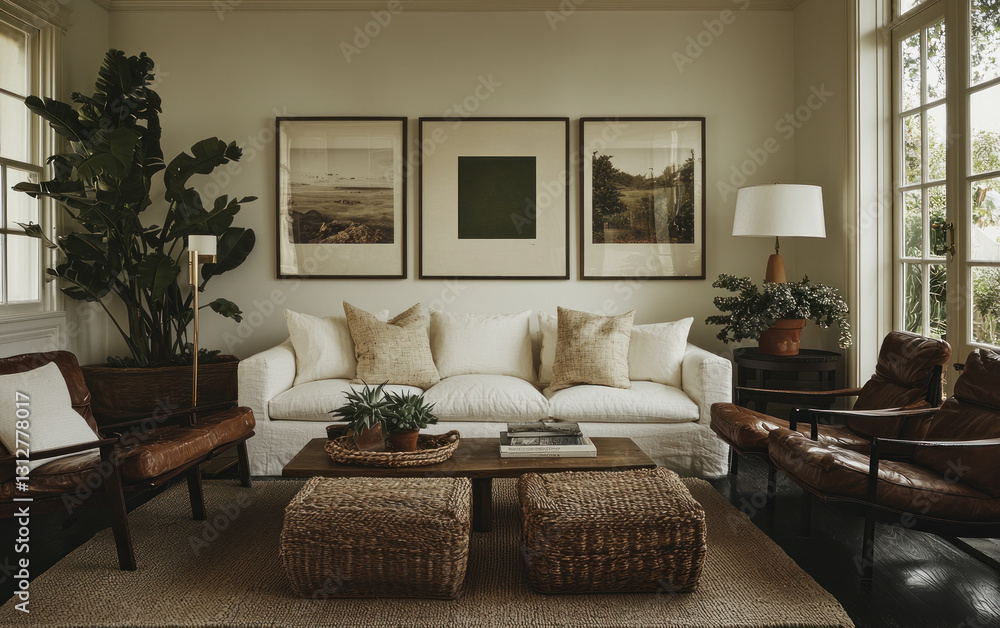 Fototapeta premium Serene Living Room Interior with Off White Sofa and Brown Leather Armchairs