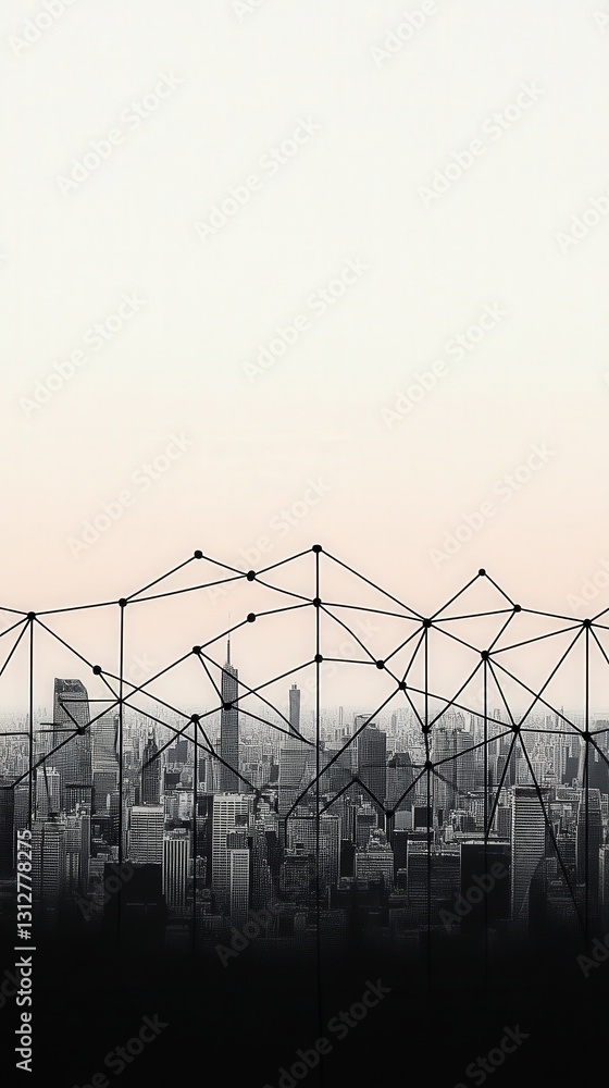 Obraz premium City skyline with geometric network framework imagery.