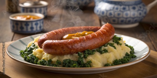 Obraz na płótnie Delicious sausage served on creamy mashed potatoes with vibrant greens and a drizzle of mustard w salonie