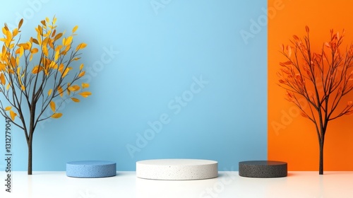 Wallpaper Mural Autumnal Display: Minimalist Product Presentation with Colorful Trees and Platforms Torontodigital.ca