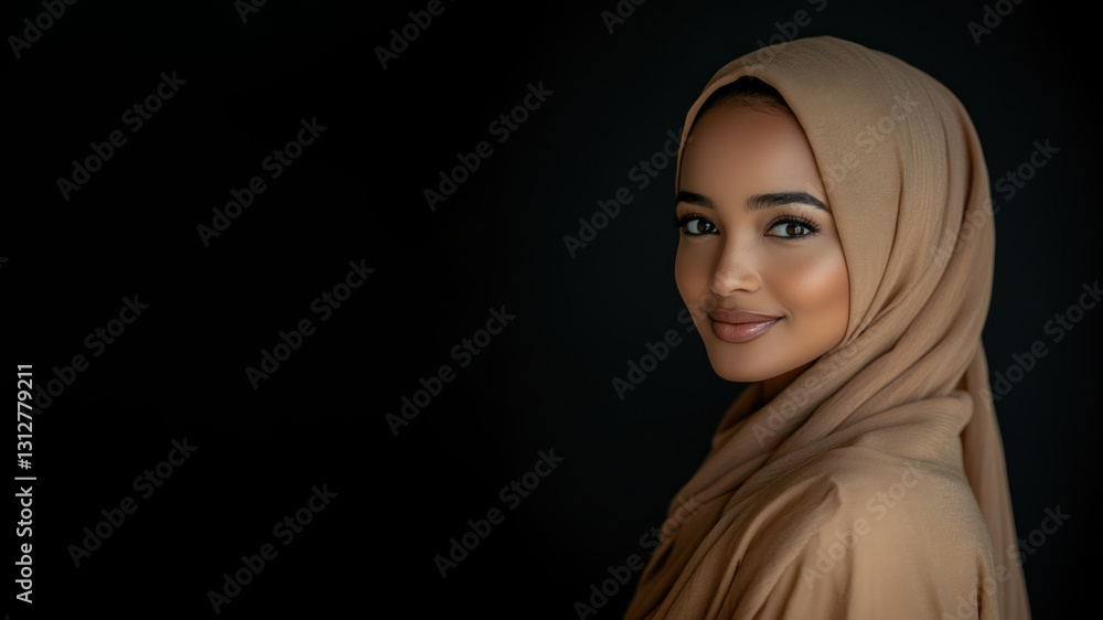 Fototapeta premium Afro muslim woman wearing traditional abaya and hijab isolated on black background