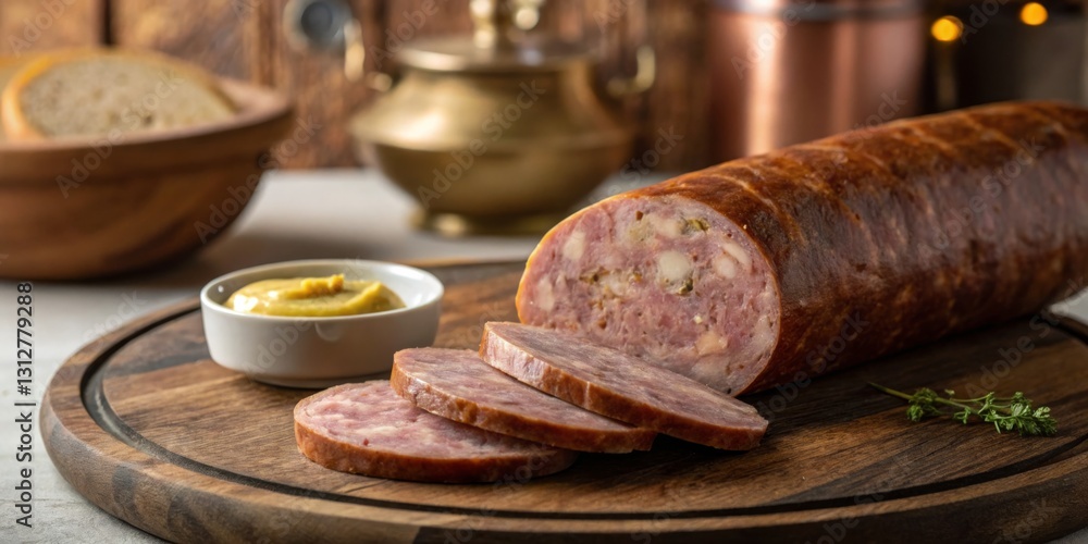 Delicious selection of gourmet sausage served on a wooden board with mustard and fresh herbs in a rustic kitchen setting