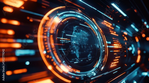 A futuristic digital HUD interface showcases a high-tech design with blue and orange elements. photo