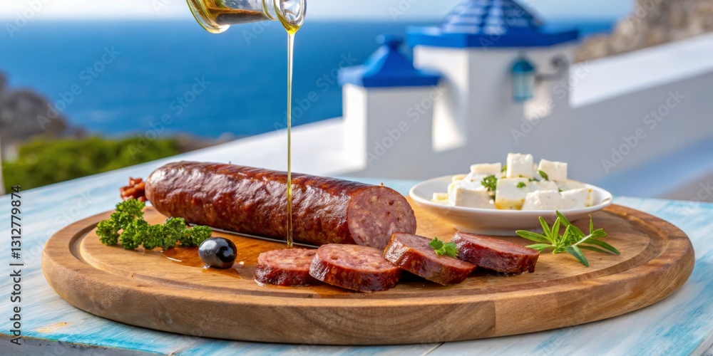Savory sausage with olive oil and feta served on a wooden board by the sea in a Mediterranean setting