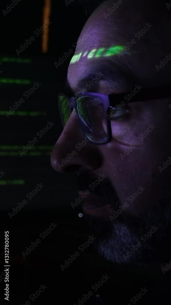 Close-up of a software developer. Screen light and computer code reflected on his face. System administrator. Cyber security and hacking concept. Close-up of a software developer. Screen light and computer code reflected on his face. System administrator. Cyber security and hacking concept.