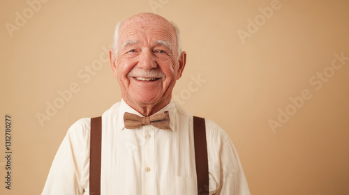 Smiling elderly caucasian male with bow tie in formal attire photo