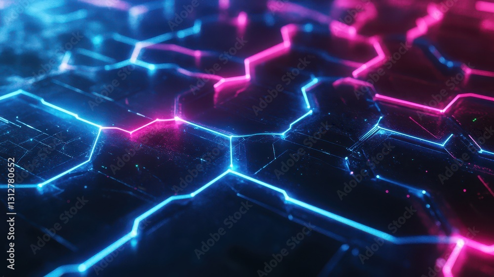 Obraz premium A futuristic neon abstract background featuring a network grid with electric glowing blue and pink connections.