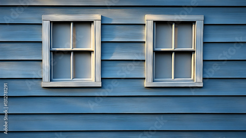 Two windows on a blue wooden wall