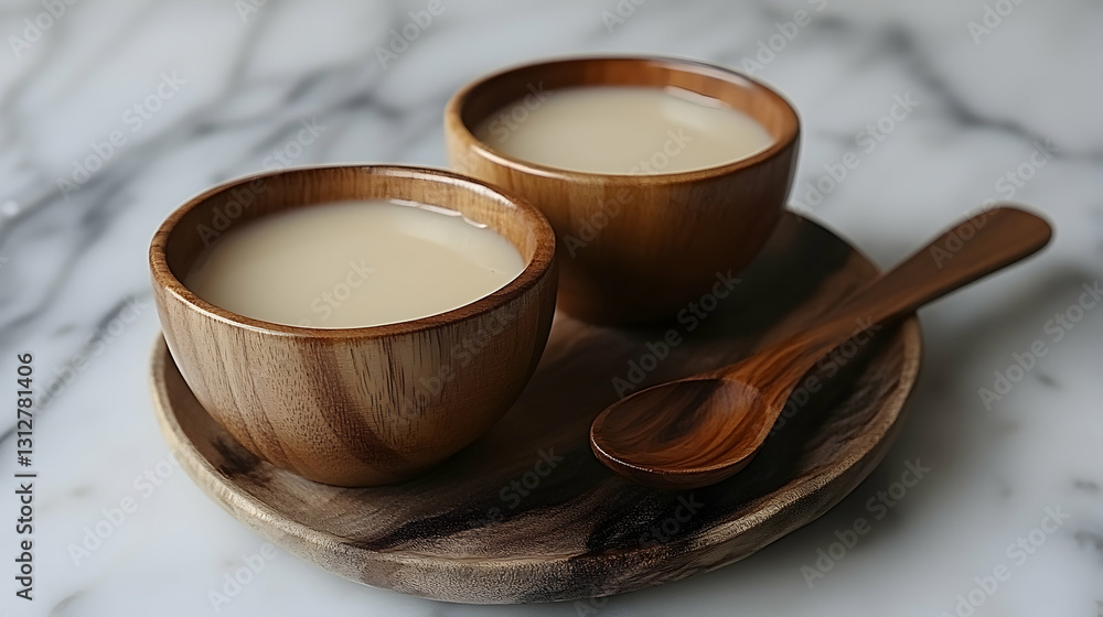 Obraz premium Two wooden bowls of creamy beige beverage on a wooden plate with a spoon.