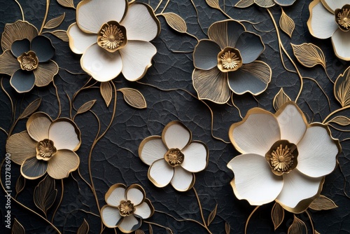 Floral Relief Art, White and Gray Flowers on Dark Textured Background, Embossed, Gold Outlines, Elegant, Ornamental, Decorative Art