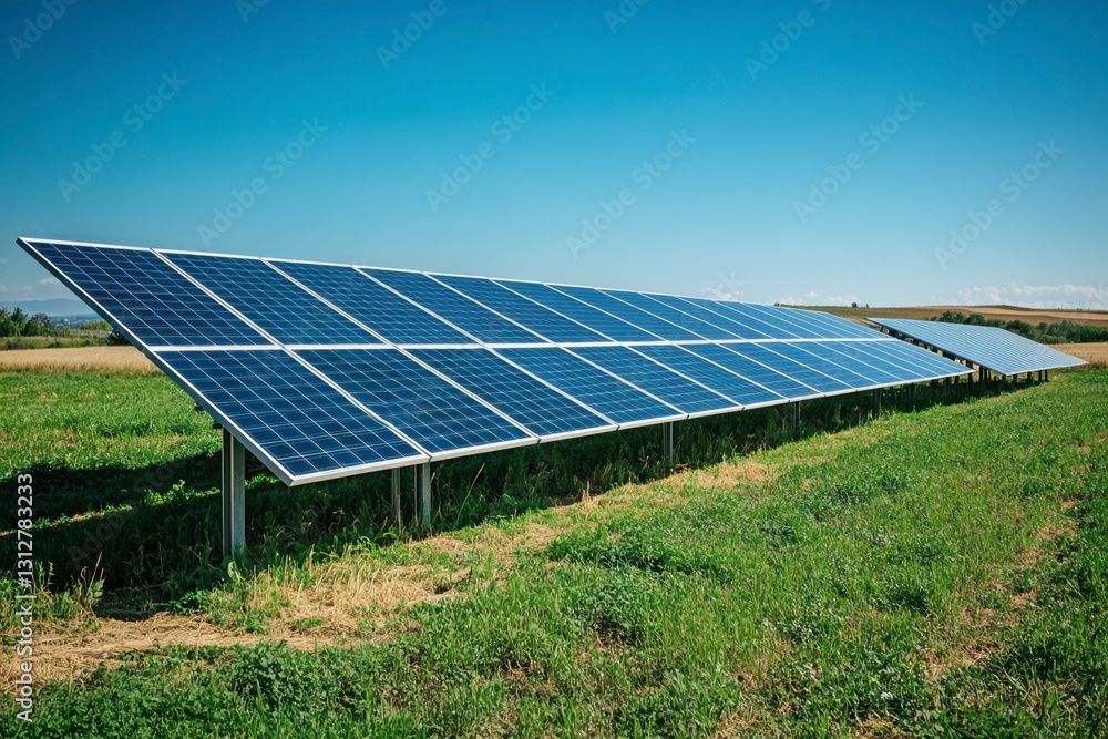 Solar Panels in a Green Field Under Blue Sky - Renewable Energy Source on Sunny Day Solar Panels in a Green Field Under Blue Sky - Renewable Energy Source on Sunny Day
