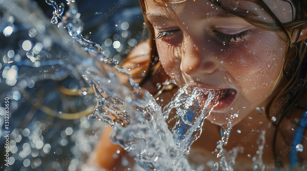 Obraz premium Young girl in the rain spitting water from her mouth, Young woman outdoor washing her face and body in the water, Young girl playing with water outdoor