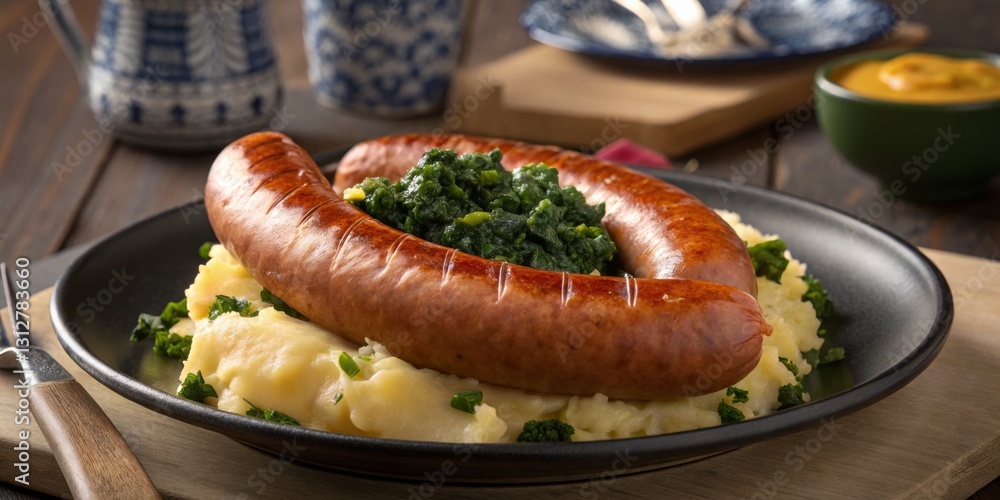 Savory sausage served over creamy mashed potatoes topped with vibrant green sauce and garnished with herbs