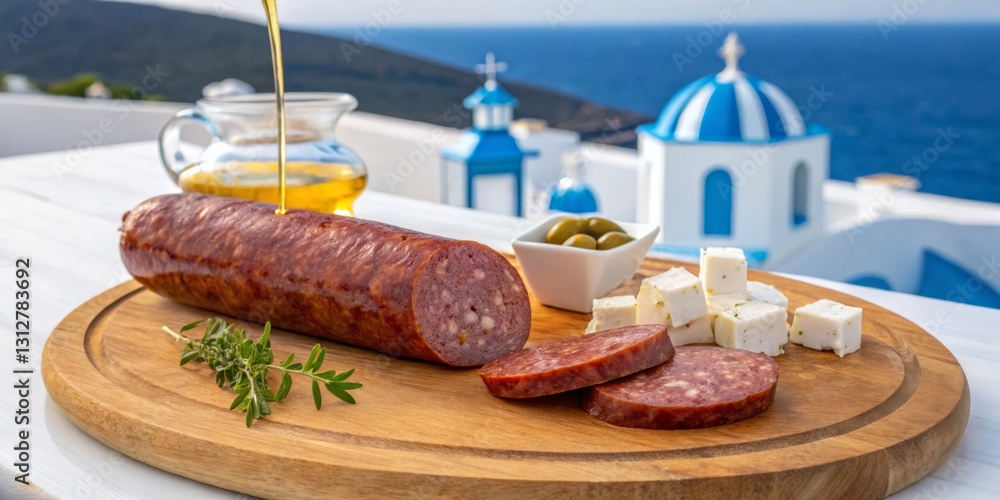 Curing sausage with cheese and olives by the seaside in a Mediterranean village at sunset
