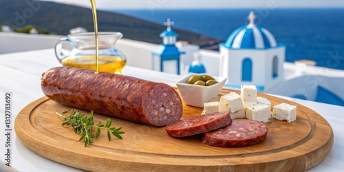 Obraz na płótnie Curing sausage with cheese and olives by the seaside in a Mediterranean village at sunset w salonie