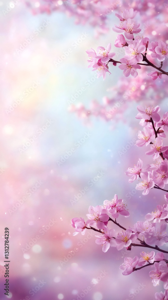 Fototapeta premium Cherry tree flowers blooming against a soft bokeh background, creating a serene atmosphere with ample copy space for text