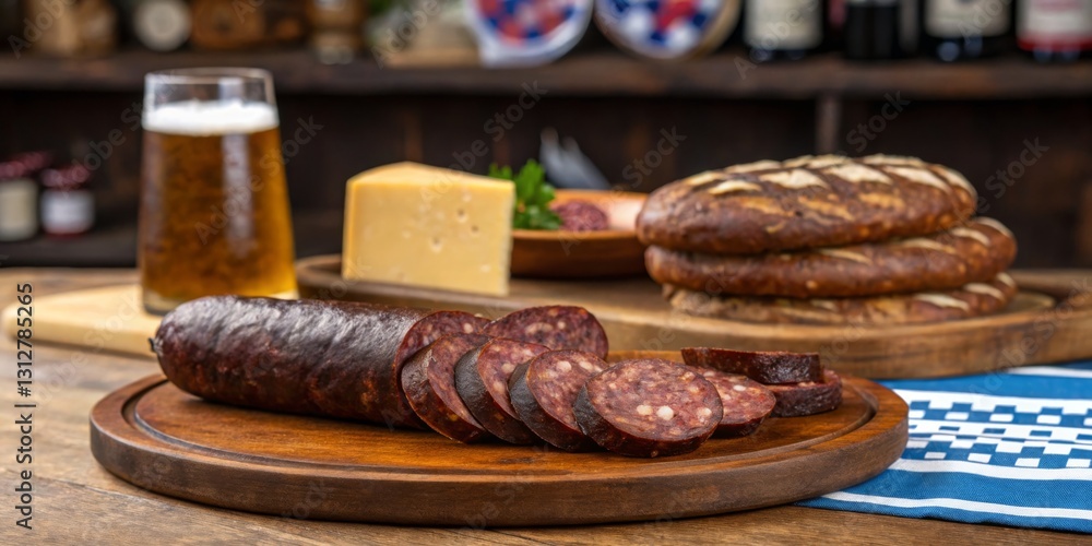 Sliced sausage and cheese served with bread and beer in a rustic setting