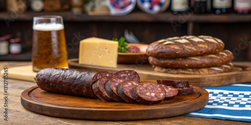 Obraz na płótnie Sliced sausage and cheese served with bread and beer in a rustic setting w salonie