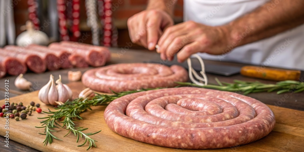Crafting fresh sausage at a rustic kitchen table with aromatic herbs and spices nearby