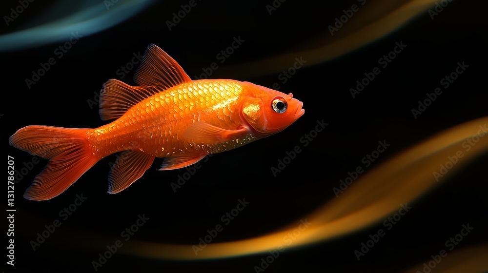 Goldfish swimming in a dark blue and orange background. The fish is the main focus of the image, and the colors of the background create a sense of depth and movement Goldfish swimming in a dark blue and orange background. The fish is the main focus of the image, and the colors of the background create a sense of depth and movement