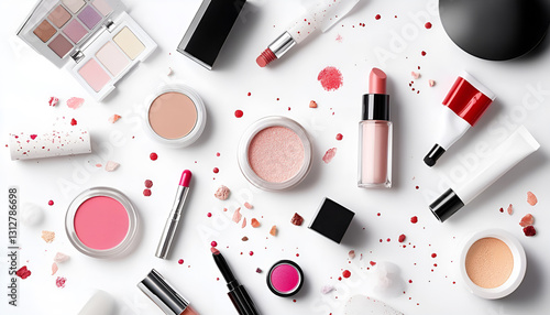 Various cosmetics in the air on a white background