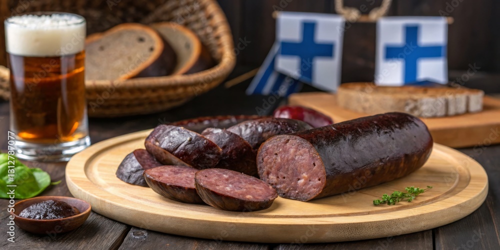 Delicious Finnish cuisine showcases traditional blood sausage, beer, and bread served with herbs