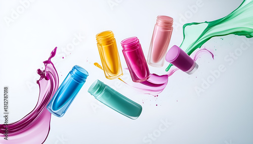 Various cosmetics in the air on a white background