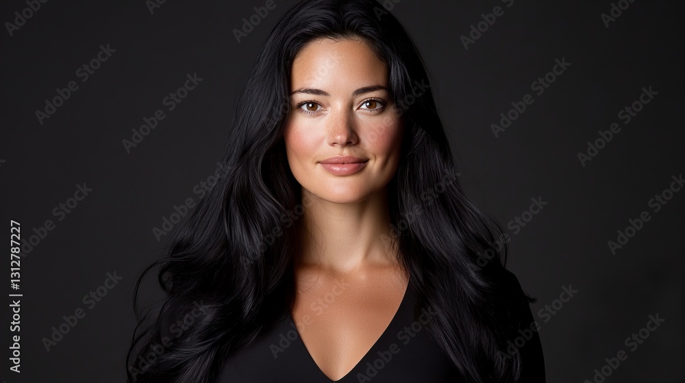 Portrait of a young woman with long, dark hair against a black background.