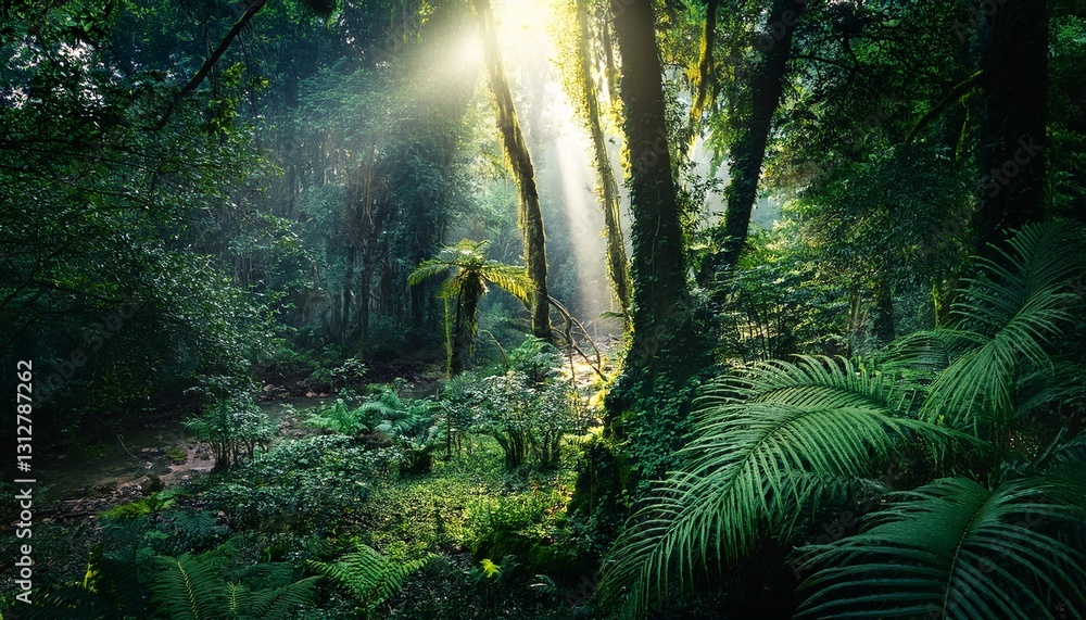 Fototapeta premium Dark rainforest, sun rays through the trees, rich jungle greenery. Atmospheric fantasy forest.