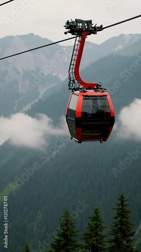 Red cable car ascending over lush mountain landscape with majestic views