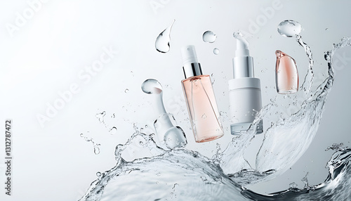 Various cosmetics in the air on a white background
